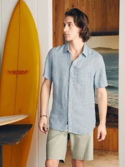 Short-Sleeve Palma Linen Shirt - Blue Basketweave